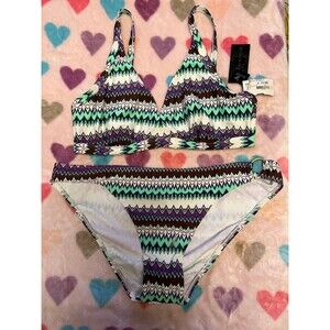 Graphic Multi Striped 2 Piece Bikini Swimsuit NWT new large 36D